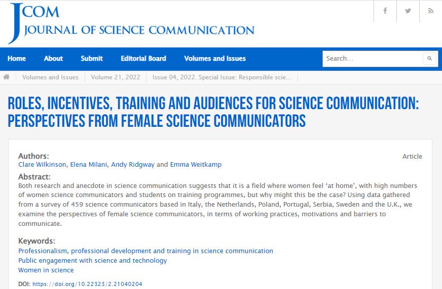 Prof Clare Wilkinson (@clarewilk4) on Twitter photo Our latest article based on <a href="/SciCommsUWE/">Science Communication Unit, UWE Bristol</a> <a href="/UWE_Research/">Research from UWE Bristol</a> <a href="/RETHINKscicomm/">RETHINKscicomm</a> is out now in JCOM. We explore why both research and anecdote in science communication suggests that it is a field where women feel ‘at home’. Our latest article based on <a href="/SciCommsUWE/">Science Communication Unit, UWE Bristol</a> <a href="/UWE_Research/">Research from UWE Bristol</a> <a href="/RETHINKscicomm/">RETHINKscicomm</a> is out now in JCOM. We explore why both research and anecdote in science communication suggests that it is a field where women feel ‘at home’.