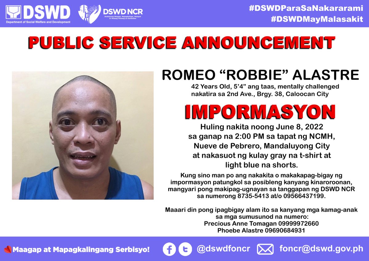 PANAWAGAN : Kung sino man po ang nakakita kay Robbie, maaaring makipag-ugnayan sa kanyang mga kaanak at sa aming tanggapan. Maraming salamat po!

#DSWDKalingaAtPagmamahal
#DSWDMayMalasakit