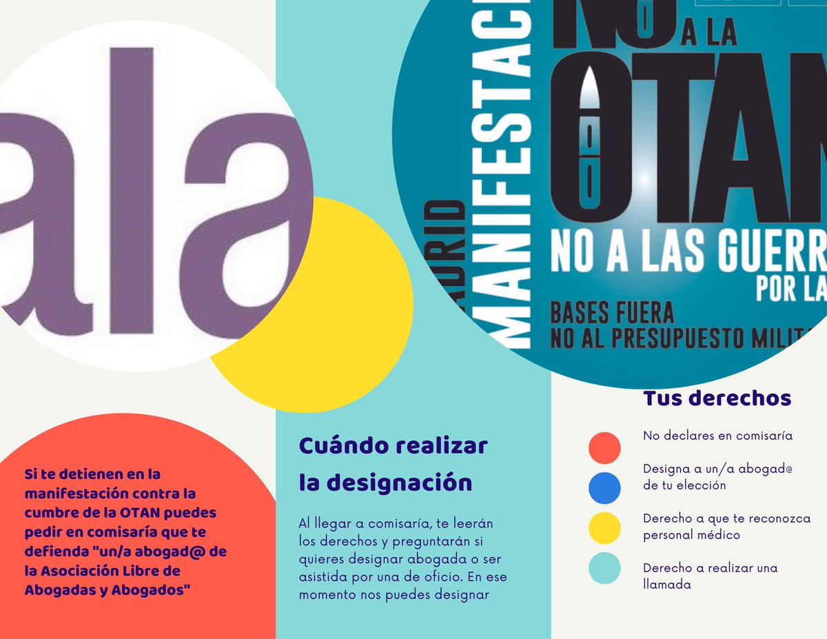 Las compañeras de <a href="/AlaAbog/">ALA</a> estarán de guardia este domingo en la manifestación contra la Cumbre de la OTAN. Esperemos que no sea necesario designar a ninguna abogada, pero más vale prevenir.
#ConoceTusDerechos #KnowYourRights #LegalTeam