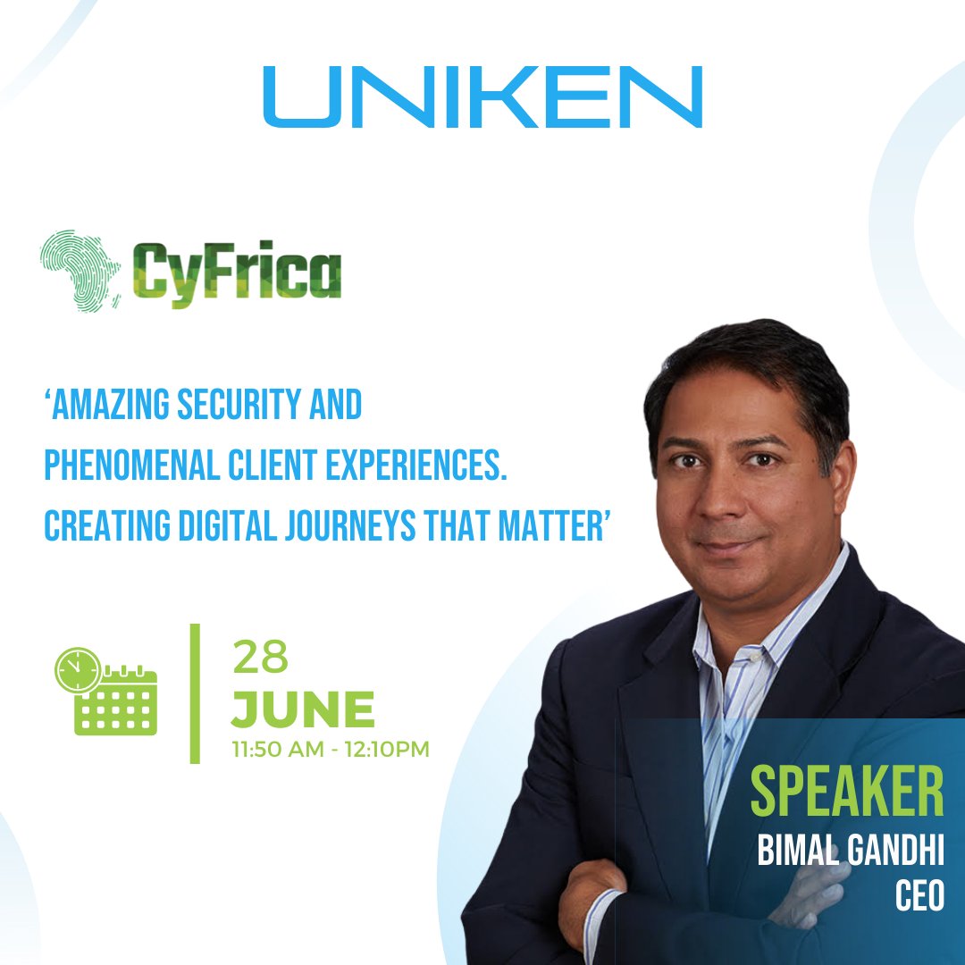 Uniken_Inc's tweet image. Join Bimal Gandhi, CEO Uniken, at #CyFrica to hear him speak about ‘Amazing Security and Phenomenal Client Experiences. Creating Digital Journeys That Matter.&apos;

JUNE 28, 2022, 11:50 a.m. - 12:10 p.m. Eastern Africa Time (EAT) in Nairobi

#strongcustomerauthentication #idv