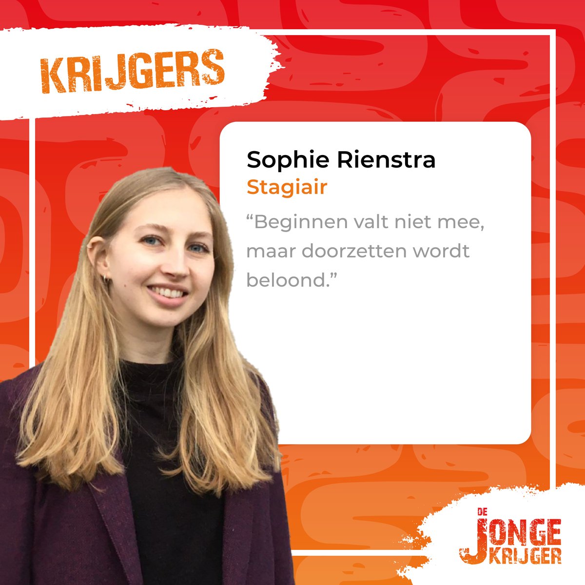 Maak kennis met onze 3e jaars Toegepaste Psychologie stagiair Sophie. Wil je komend schooljaar ook stagelopen bij ons? Neem contact op via nigel@jongekrijger.nl