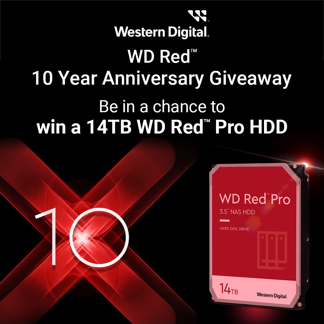 Ebuyer's tweet photo. G I V E A W A Y time! 🥳🎉

To celebrate the 10th anniversary of Western Digital Red, we’re giving you the chance to WIN a WD Red™  Pro 14TB HDD!* 🔥  

*T&amp;Cs apply. 18 or over to enter. UK entries only. Free to enter. 

Closes 21/07/22. 

Enter to win 👉 https://t.co/ERBhSkubps https://t.co/X7QOD2u1Ej