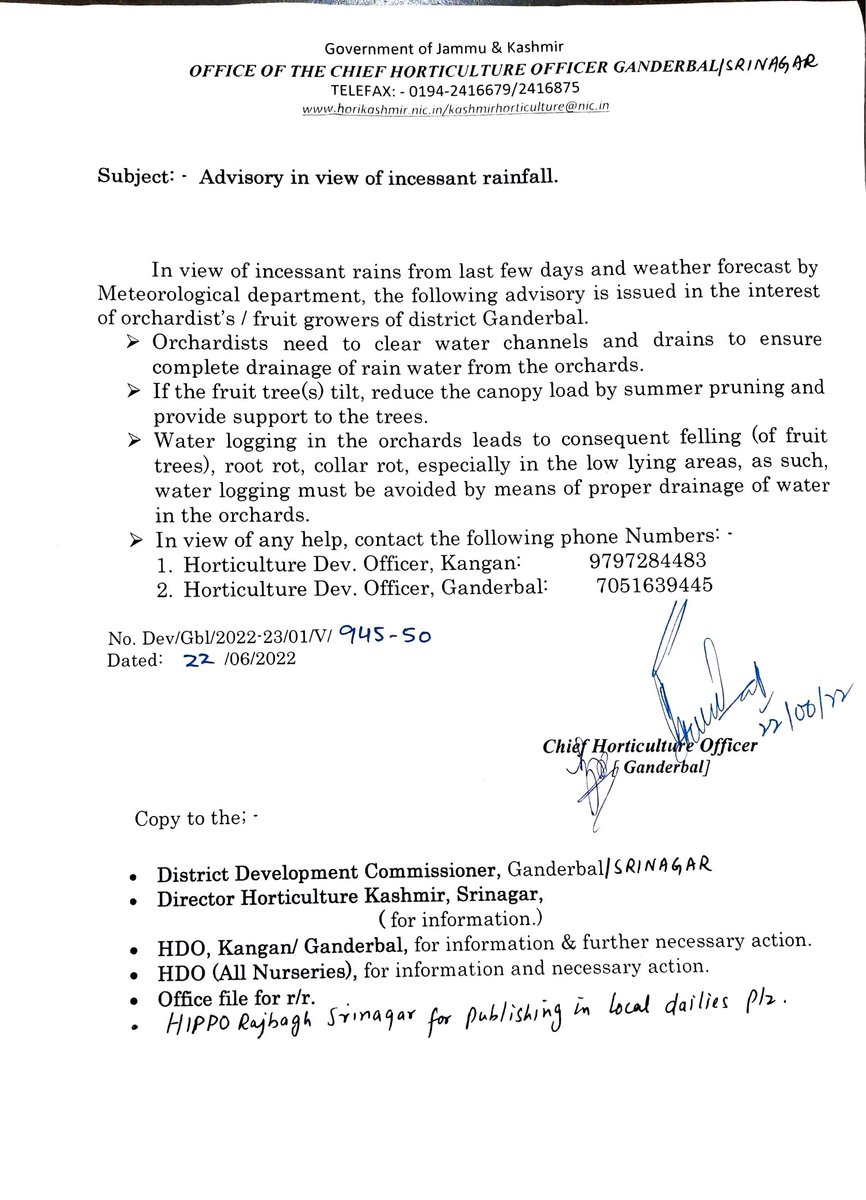 Chogbl's tweet photo. Advisory in view of incessant rainfall  issued by Chief Horticulture Officer Ganderbal https://t.co/bDqooXrp2J