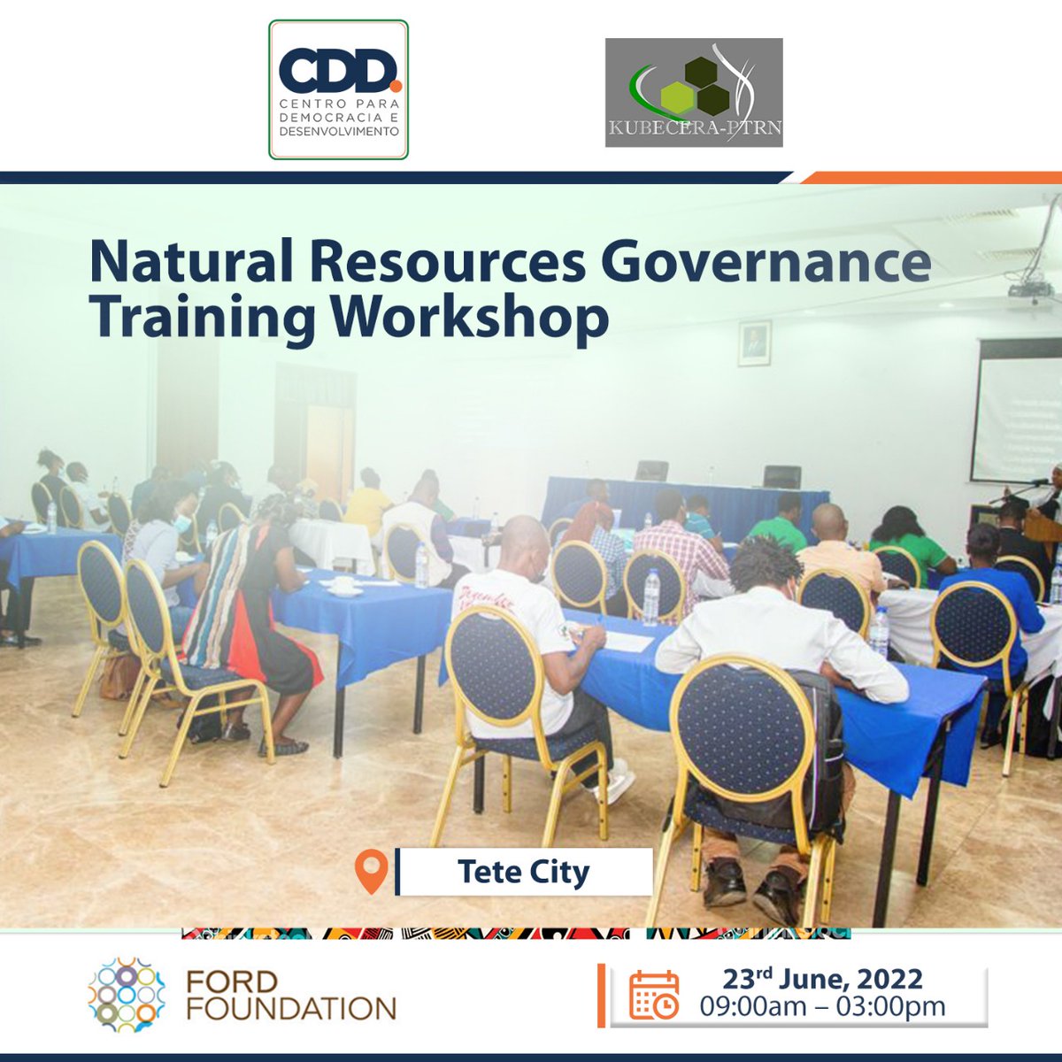 CDD_Moz's tweet photo. Natural Resources Governance Training Workshop

Thursday, 23rd June 2022
(09:00am – 3:00pm)

Tete

@adriano_nuvunga 
@MaluanaAmerico 
#Tete #training #workshop #NaturalResources https://t.co/Bvsyns6RJK