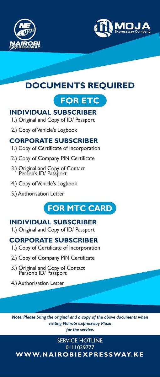 NBOExpresswayKE's tweet photo. See the attached poster for details on what you need to register for the Electronic Toll Collection (ETC) service and Manual Toll Collection (MTC) card. For further queries call the service hotlines - 0111039777 or 0114044315 #NairobiExpresswayUpdates https://t.co/e604Ek0NXM