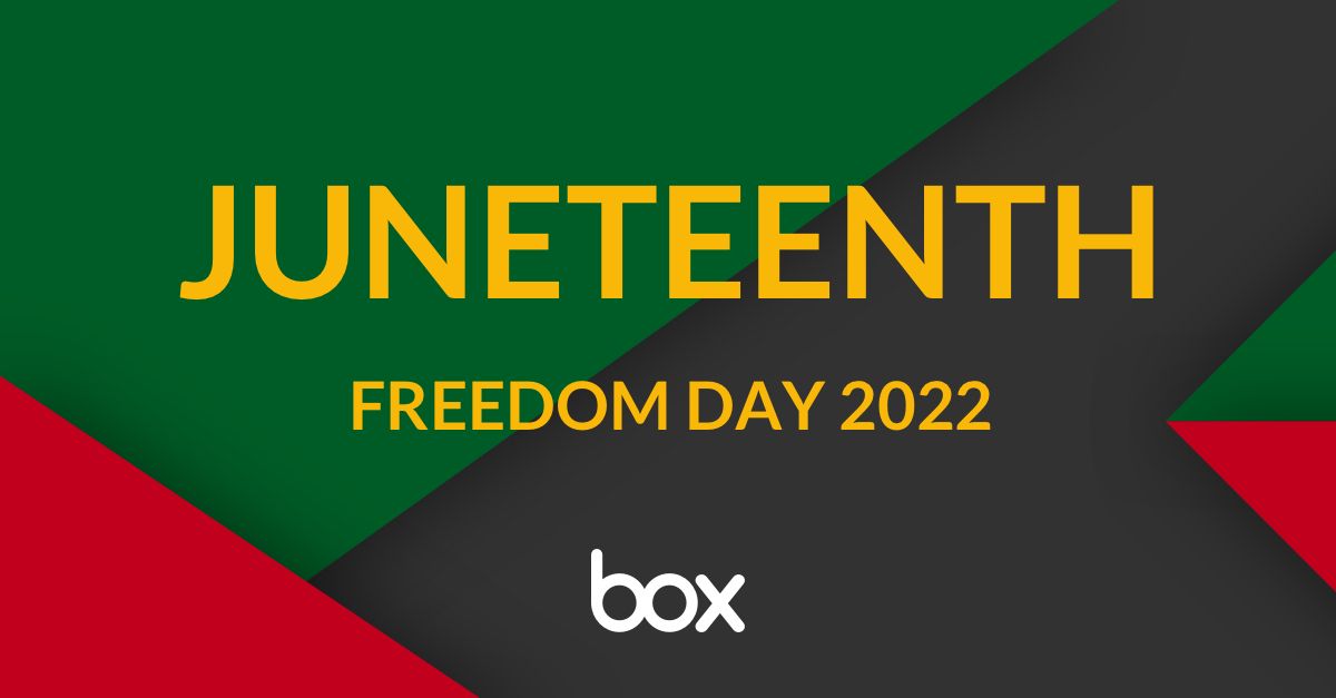 Box_Europe's tweet photo. A holiday commemorating the end of slavery in the US, #Juneteenth is a day of recognition and empowerment for the Black community. At Box, we commemorate Juneteenth with a day off, for Boxers to volunteer and support Black-owned businesses.

How are you honouring the day? https://t.co/Lx5ciKDiqW