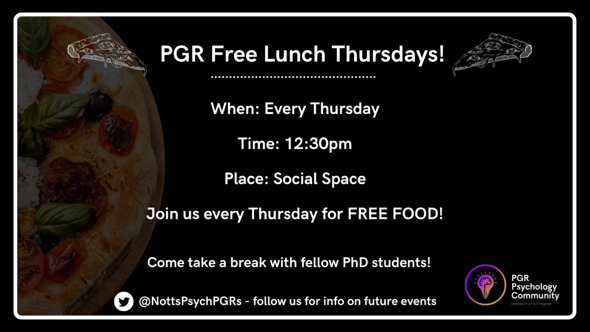 🚨 FREE LUNCH FOR PGRS 🚨
Every Thursday in the Social Space at 12:30pm!

Note: Pizza Wednesdays will now be free lunch Thursdays!