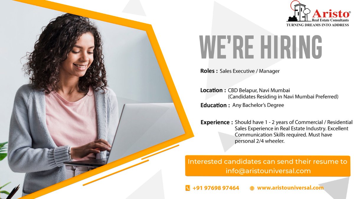 aristo7464's tweet photo. Looking for a job in sales ? 

Here we are hiring at Aristo Real Estate. 

We are looking for sales executive/manager with an experience in real estate sales of 1-2 years.

Apply now!

#hiring #realestate #job #navimumbai #aristorealestate #sales #jobalert https://t.co/si9ncPgolm