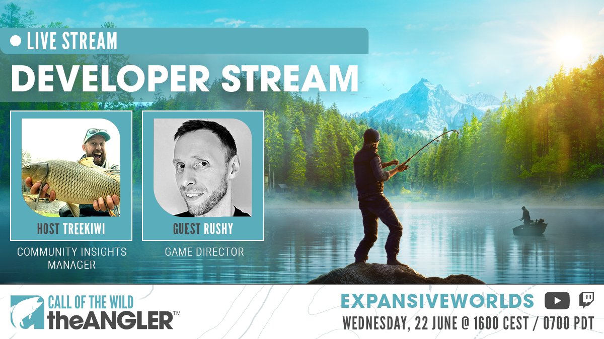 🎣 [Developer Stream!]  Wednesday 22 June @ 1600 CEST / 0700 PDT

Tune in for a special #COTWTheAngler dev stream with @TheTreeKiwi and <a href="/Rushy33/">Paul Rustchynsky</a>!

Make sure to follow/subscribe and turn on notifications for alerts 🔔
▸ youtube.com/expansiveworlds
▸ twitch.tv/expansiveworlds