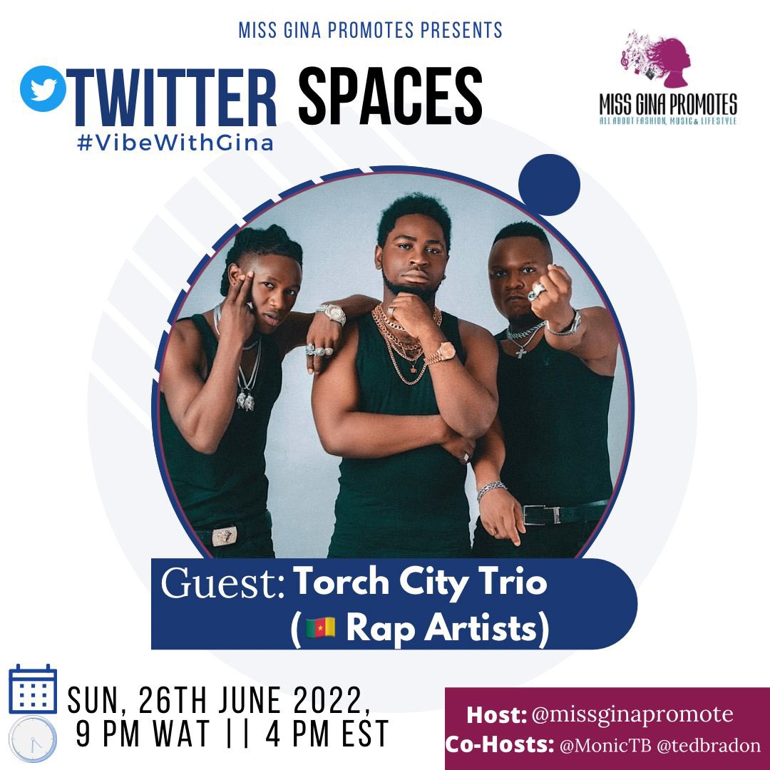 TorchCityMusic's tweet photo. Hello Beautiful people. @missginapromote presets Twitter Spaces with @TorchCityTrio this Sunday the 26th June 2022. 
Time: 9pm - 4pm 
Co - Hosts @MonicTB @Tedbradon
Get to know Torch City More🐢����🐉🔥🔥🔥🚀🇨🇲 #TCT #SensePassKing EP #StreetLife https://t.co/jvkdxf11Fl