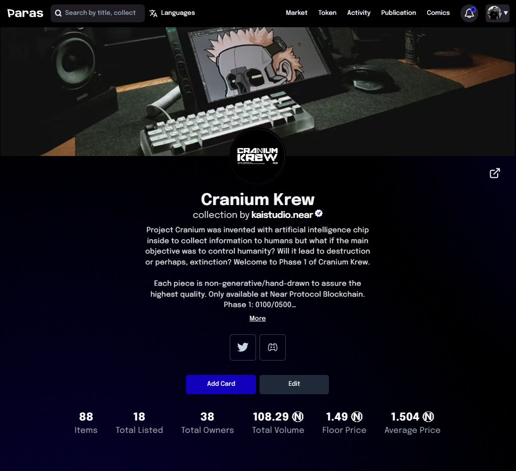Cranium Krew's total volume has reached 108.29 $NEAR

SOLD: 88/100

Total Supply: 500

Collection: paras.id/collection/cra…
#NearNFT #ParasNFT #NFT #CraniumNFT #CraniumKrew 
<a href="/cryptoartph/">CryptoArt Philippines</a> <a href="/NFTMarketPH/">NFT Market PH 🇵🇭</a> <a href="/NEARPhilippines/">NEAR Philippines I Create Without Limits</a> <a href="/ParasHQ/">Paras 🟩🟧</a> <a href="/NEARProtocol/">NEAR Protocol</a> <a href="/NftPinas/">NFTPinas | #FBNXGuild</a>