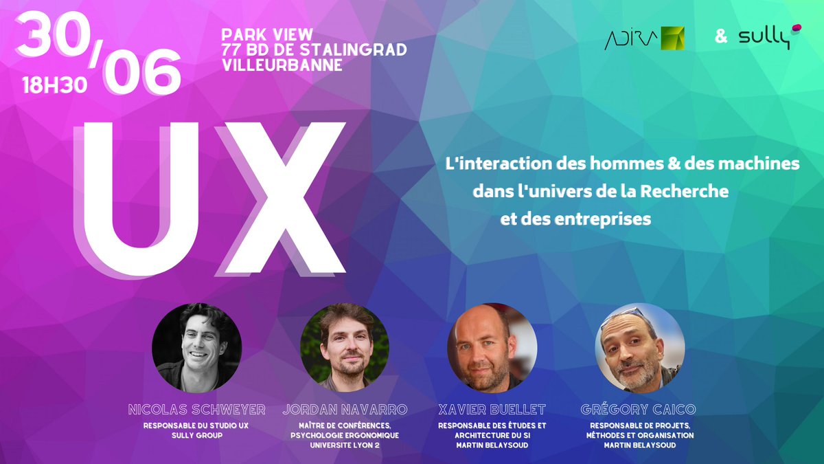 [EVENT <a href="/SullyGroup/">Sully Group</a> x ADIRA] : L’interaction des hommes &amp; des machines dans l’univers de la Recherche et des entreprises 🤖

Comment les sciences cognitives &amp; l’#UXDesign révolutionnent les technologies 💡

📆 Jeudi 30 juin - 18h30/21h
📍 Villeurbanne
👉 Sur invitation