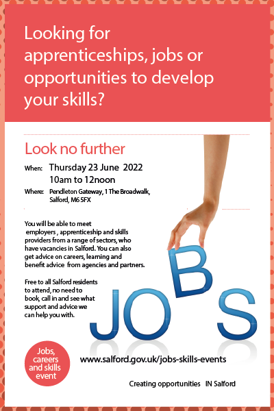SalfordCouncil's tweet photo. Looking for a job? Don't miss our next jobs and careers event tomorrow in Pendleton Gateway 🙌

The free event is from 10am to 12pm where you will have the chance to meet with employers, apprenticeship and skills providers that are hiring in Salford.

Make sure you pop by! https://t.co/LV5CyUWX6Y