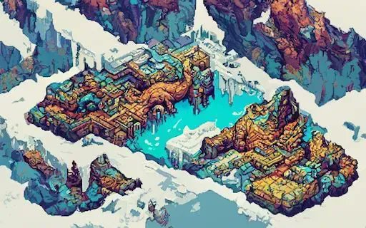 Lets move over to <a href="/PixelDiffusion/">Pixel Art Diffusion</a> today. Here are some of my earliest tests from v1. Ice mountains. They are part of my 100 prompt challenge entitled #LandOf100Myths. I'm still unsure if I'll switch to #PixelArtDiffusion for the project or not officially...

#aiart #pixelart