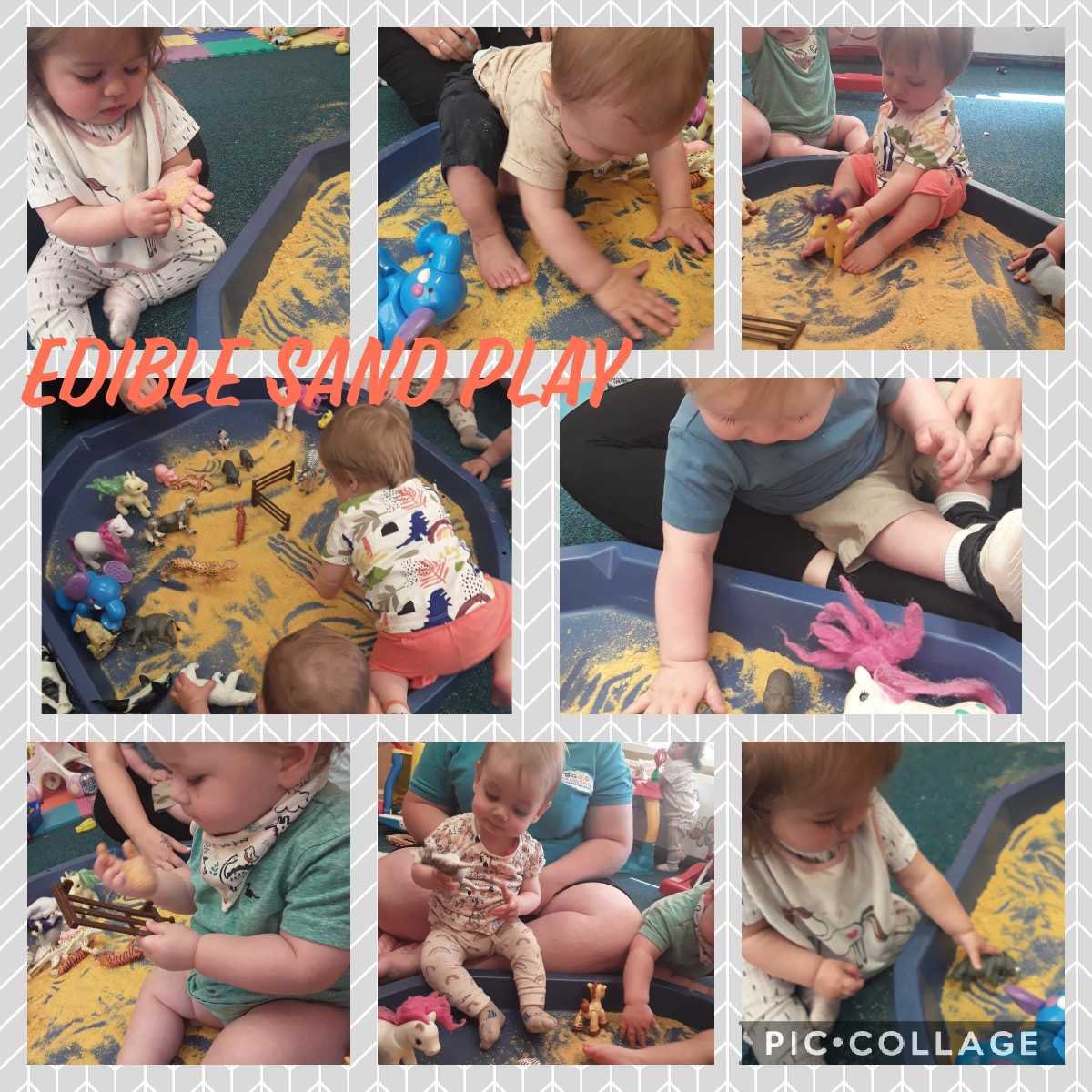PlantosNursery's tweet photo. Edible sand play was so much fun! Am sbort yn y tywod bwytadwy!! We enjoyed moving the animals around in the sand and feeling the texture. #cornflakes #messyplay #sandplay #ediblesand #bwytatywod https://t.co/ibI6bdqUMl