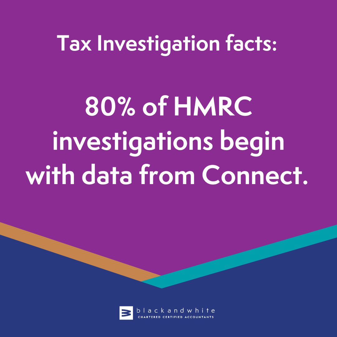 80% of HMRC investigations use data from the “Connect” database. Our experienced accountants will manage the entire process, help you submit any required information and minimise the impact on your accounts.

Contact us to find out more: 
info@blackandwhite.com 
0800 140 4644