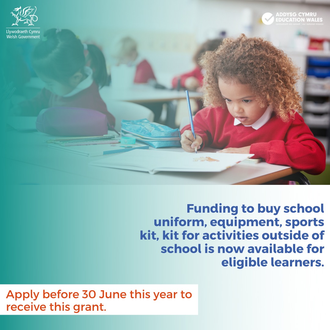 northwalesha's tweet photo. Funding to buy school uniform, equipment, sports kit, kit for activities outside of school is now available for eligible learners. 📅Apply before 30 June. Contact local authority for further information https://t.co/OYbb1tquia #HelpWithKit https://t.co/jdfKu2oJhT