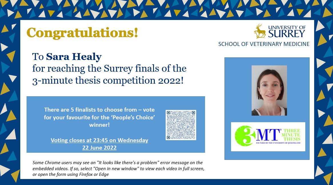 Last day to vote for @Sara_R_Healy in the Surrey finals of the 3-minute thesis competition! You can vote for Sara by scanning the QR code below. Voting closes 23:45 tonight! 🙏🙌 #3MT2022 @UniOfSurrey