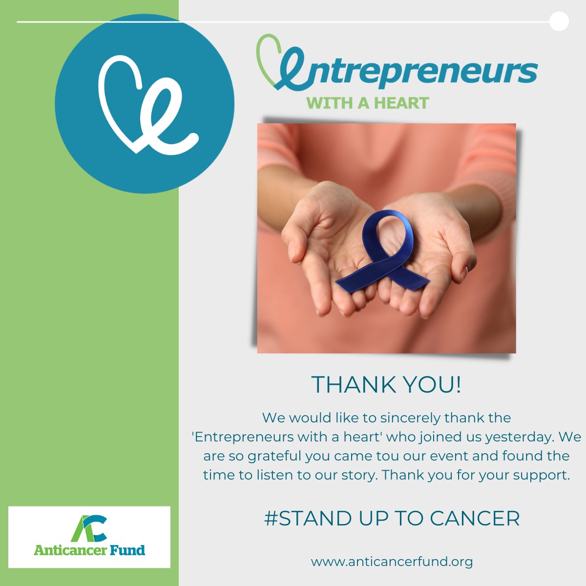 We would like to express our most sincere gratitude and appreciation for our 'Entrepreneurs with a heart'.
Clearly, we are not alone in the fight against #cancer.
Thanks to you, our achievements will grow.
#standuptocancer
#anticancerfund #antikankerfonds #fondsanticancer