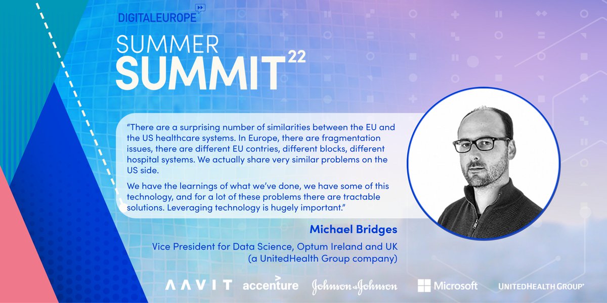 DIGITALEUROPE's tweet photo. Health data and the #EHDS are a top priority for the EU.
Can Europe leverage global collaboration and existing success stories to achieve a #DigitalHealthDecade?
Michael Bridges, VP @Optum Ireland & UK, shared his thoughts at the #DESummerSummit 👇 https://t.co/tQCUYbfn1o