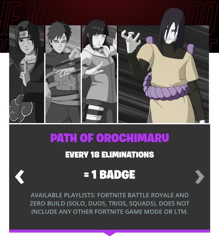 FN_Assist's tweet photo. The #Fortnite Naruto Nindo Trials have been updated and now ALL 4 paths are equal, meaning the Eliminations can be completed in both Build and Zero Build modes (Solos-Squads). Meaning you can now progress all 4 at once without switching modes.

(Noticed by @firemonkey) https://t.co/wfTxRk6OgQ