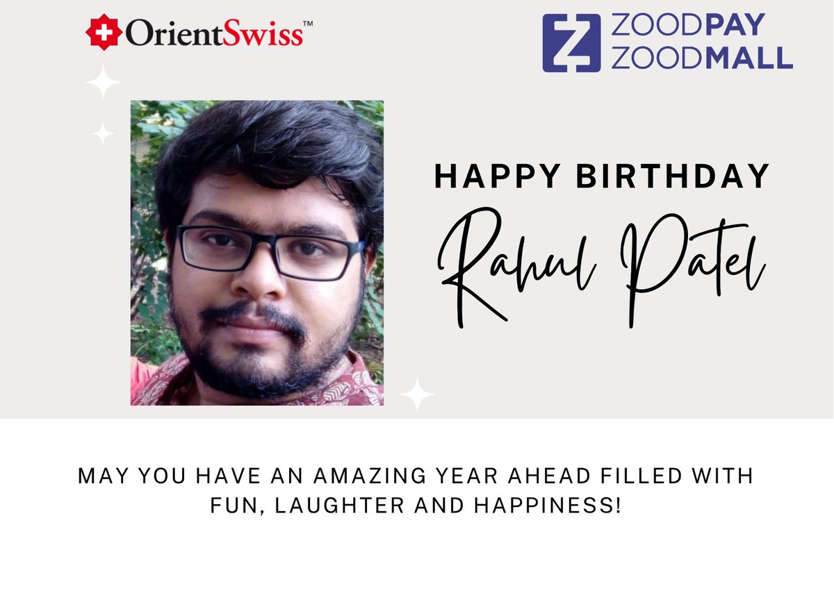 HRZoodpay's tweet photo. Dear Rahul Patel
May you have an amazing year ahead filled with fun, laughter and happiness!!. Happy Birthday!
#happybirthday
#zoodmall
#zoodpay
#orientswiss
#thankyou
#team https://t.co/qkmfmlgTDX