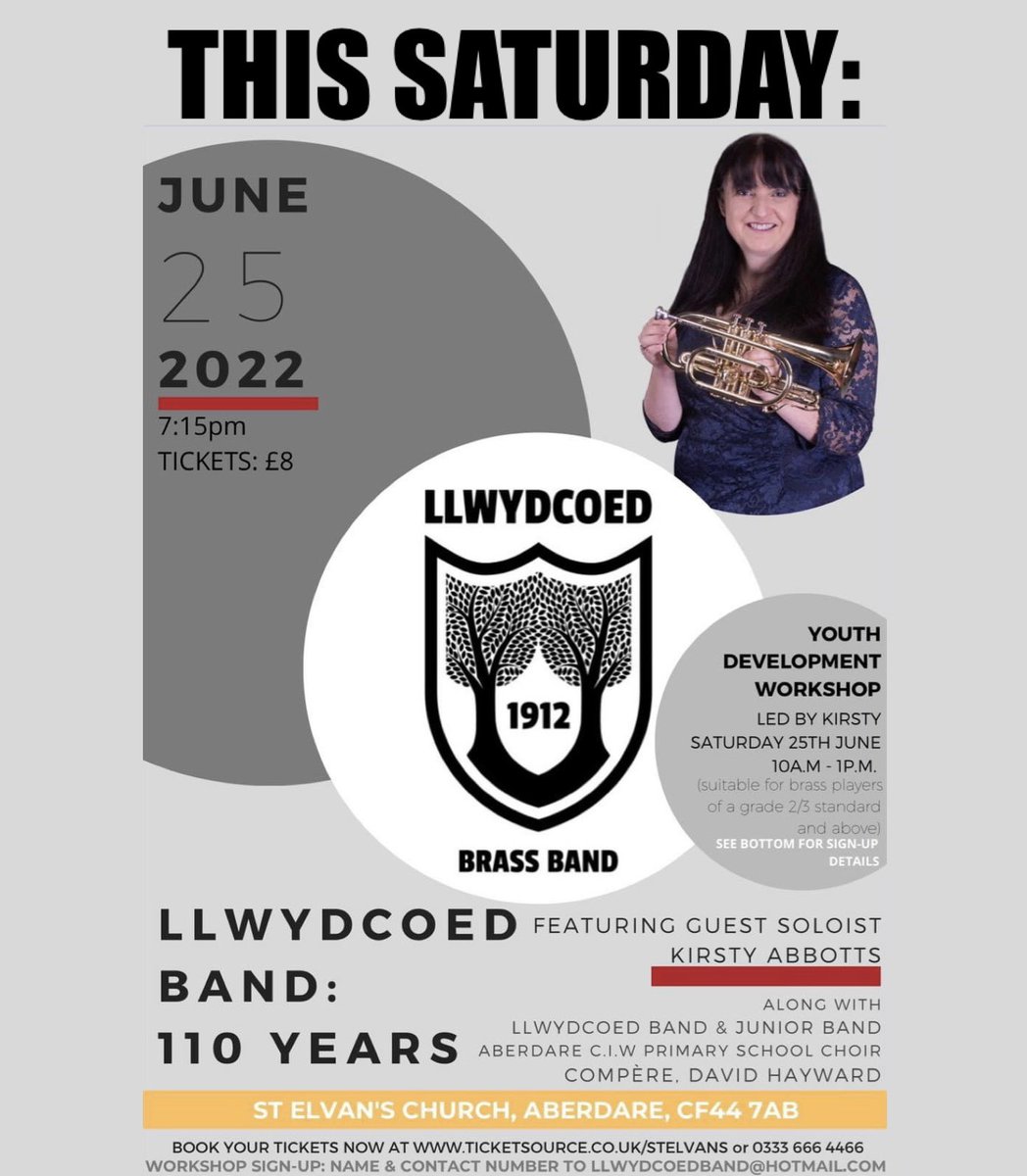 GET YOUR TICKETS NOW AT: 

🎟 - ticketsource.co.uk/stelvans/llwyd…

📞 - 0333 666 4466 

SIGN-UP FOR OUR YOUTH WORKSHOP AT: 

📧 - llwydcoedband@hotmail.com

#brassband #110years <a href="/St_Elvans/">St Elvan's</a>