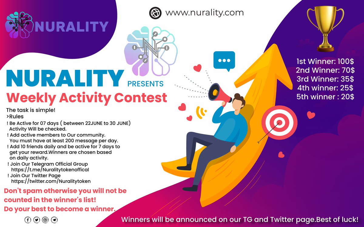 Clarissa_Krypto's tweet photo. Hello Amigo's
🔥JOIN NURA Family on their weekly activity contest🔥
For more information please visit their official website social media handle's
⚜️ Telegram:
https://t.co/p1oEUMkKlI
⚜️ Twitter: @Nuralitytoken
⚜️ Facebook:
https://t.co/t0pjmNGdzz
⚜️ Instagram:
#NURALITY https://t.co/3dVLgGzjdq