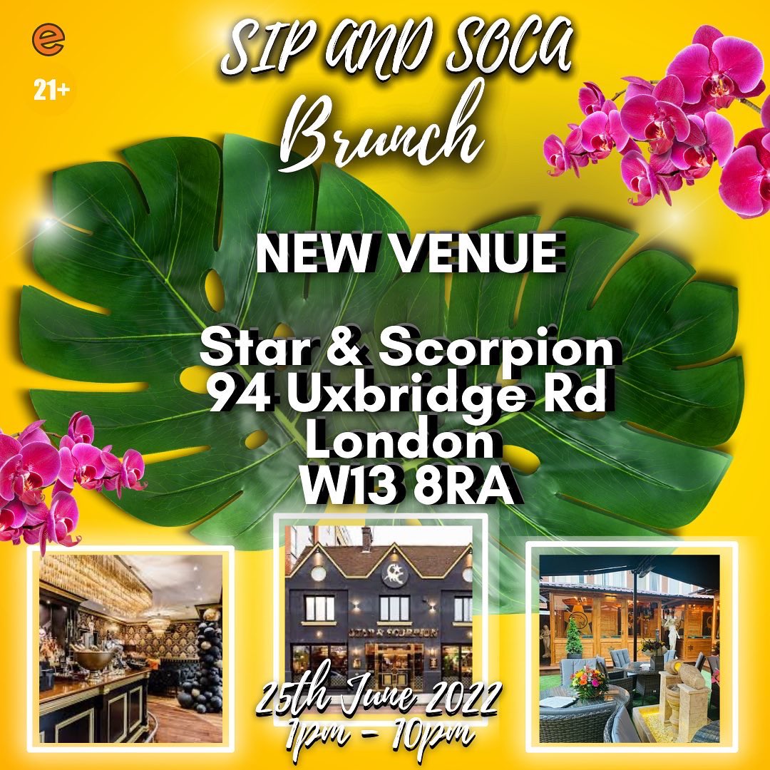 𝐋𝐎𝐂𝐀𝐓𝐈𝐎𝐍 𝐂𝐇𝐀𝐍𝐆𝐄 ⁣⁣
⁣
Due to circumstances out of our control we have had to move Sip &amp; Soca Brunch⁣
⁣
𝐍𝐞𝐰 𝐥𝐨𝐜𝐚𝐭𝐢𝐨𝐧 ⁣
Star &amp; Scorpion, 94 Uxbridge Rd, W13 8RA ⁣⁣
⁣
The vibes will be the same so we ready to play a massss ⁣