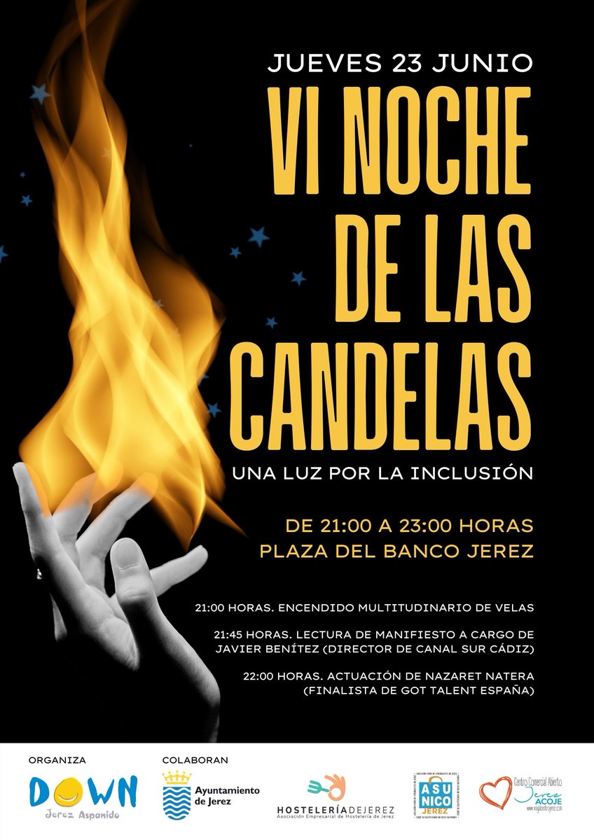🕯️No te pierdas mañana jueves la VI Noche de las Candelas que organizamos junto a <a href="/AspanidoJerez/">Aspanido Jerez</a> para sensibilizar en el valor de la inclusión⤵️

⌚️A partir de las 21 horas
📍 En la plaza del Banco

Tienes más ℹ️👉🏽bit.ly/3xvvrIu

<a href="/ccolladoj/">M Carmen</a>
 <a href="/javiebenitez/">Javier Benitez</a>
 <a href="/NazaretNatera/">Nazaret Natera</a>
