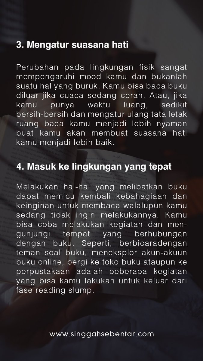 yoksinggah's tweet photo. Mengenal dan mengetahui cara mengatasi reading slump.

#singgahsebentar https://t.co/vbRTqm5S9p