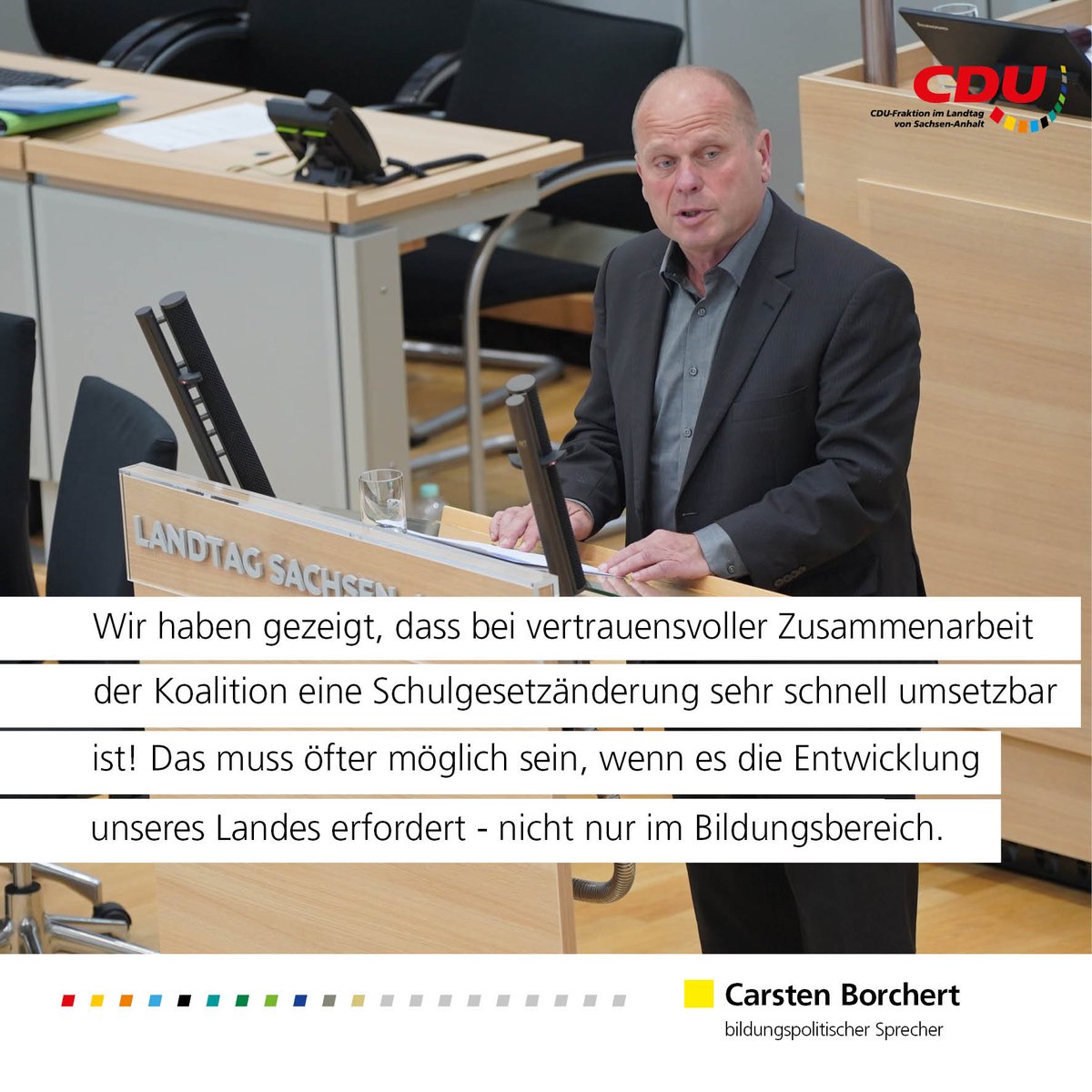 #ltlsa
Die #Schulgesetzänderung für #Schulgeldfreiheit in der Erzieherausbildung an freien Schulen in #SachsenAnhalt wurde mit Zustimmung der #CDU und der Koalitionsfraktionen soeben beschlossen. Dazu sagt der bildungspolitische Sprecher, Carsten Borchert:
