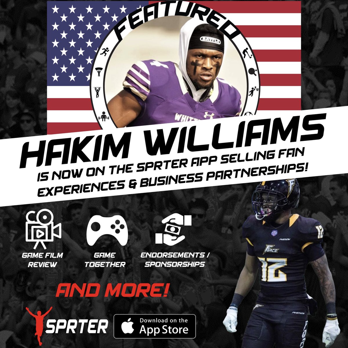 sprterapp's tweet photo. Today's #FeaturedSporter on our sport experience app #SPRTER ➡️🇺🇸🏈player @HWJ__7 🔥
Try the #SPRTERapp to learn more about Hakim, the experiences he offers in his #ExperienceStore & the other🔝athletes on our app!
#sporter #americanfootball #football #nil #cifl #wichitaforce https://t.co/Eg5ADf7qo2