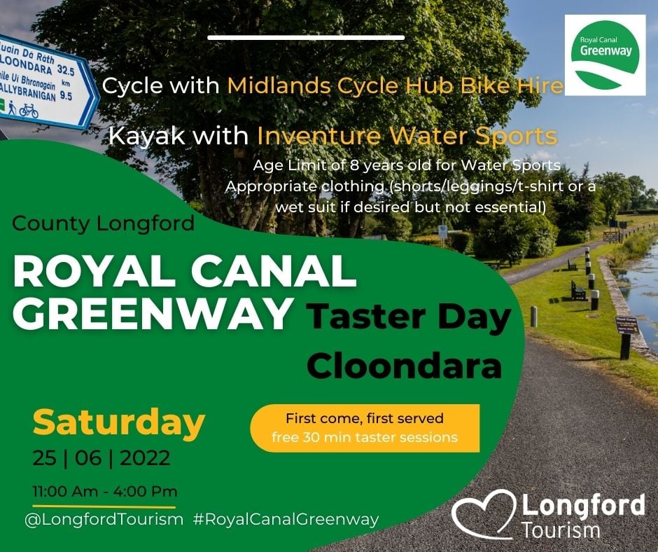 This Saturday, Clondra is the place to be.  Try a free taster of all that the Royal Canal Greenway can offer - 🚴‍♀️Cycle with Midlands Cycle Hub and 🛶 Kayak with Inventure Water Sports. 
Great fun for the family! 

#longford #royalcanalgreenway #irelandshiddenheartlands