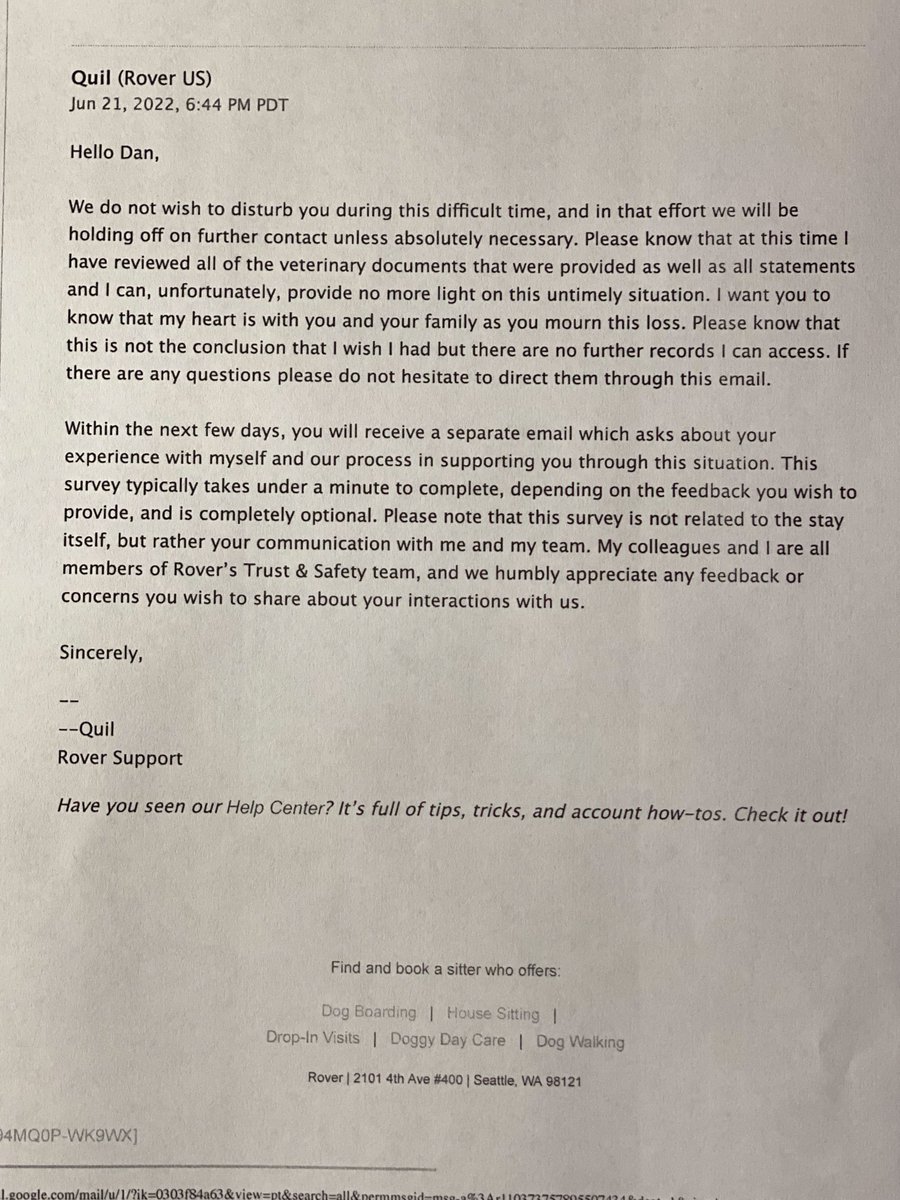 aaemsd's tweet photo. My 13 yrs husky was stayed with a rebooked sitter when I was away for 5 days and when he arrived home he can not stand or walk. He was put to sleep on Jun 11. Take a look at their response and they even have the decency to ask for a review. @RoverDotCom #DogLover #husky #CuteDog https://t.co/gS8du7p8zR