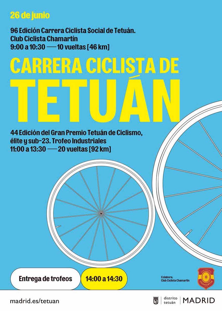 🔈El #DistritodeTetuán se llena de #bicis este domingo. Recorrerán Bravo Murillo entre Plaza Castilla y la glorieta de Cuatro Caminos. De 9 a 13.30 h 
🚴 9⃣6⃣edición Carrera Ciclista Social 🔟vueltas, 4⃣6⃣ km 
🚴 4⃣4⃣ edición Gran Premio de Tetuán de #Ciclismo 2⃣0⃣vueltas, 9⃣2⃣km