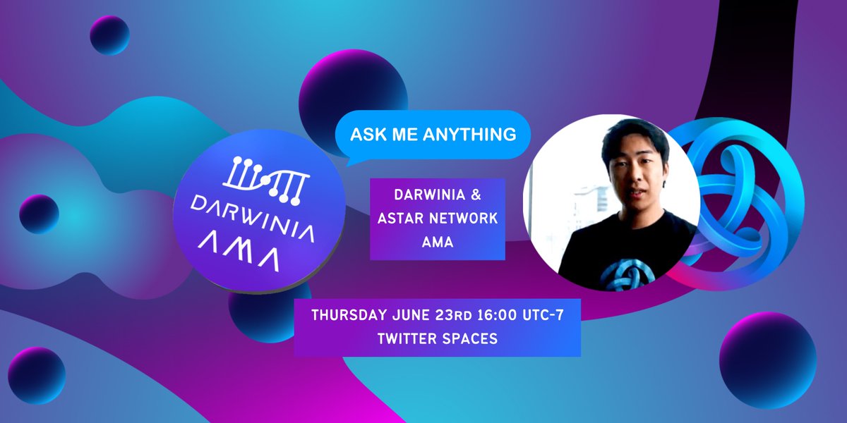 DarwiniaAMAs's tweet photo. Were excited to have @WatanabeSota from 
@AstarNetwork
 this Thursday, June 23th 1600 UTC -7 for an #AMA !

We'll be selecting 5 lucky winners who:

1⃣ Like this!
2⃣ Tag 3 friends &amp; Retweet
3⃣ Follow 
@DarwiniaNetwork &amp; 
@DarwiniaAMAs

4️⃣ Join the event &amp; ask a question! https://t.co/ORLH4JtnLt