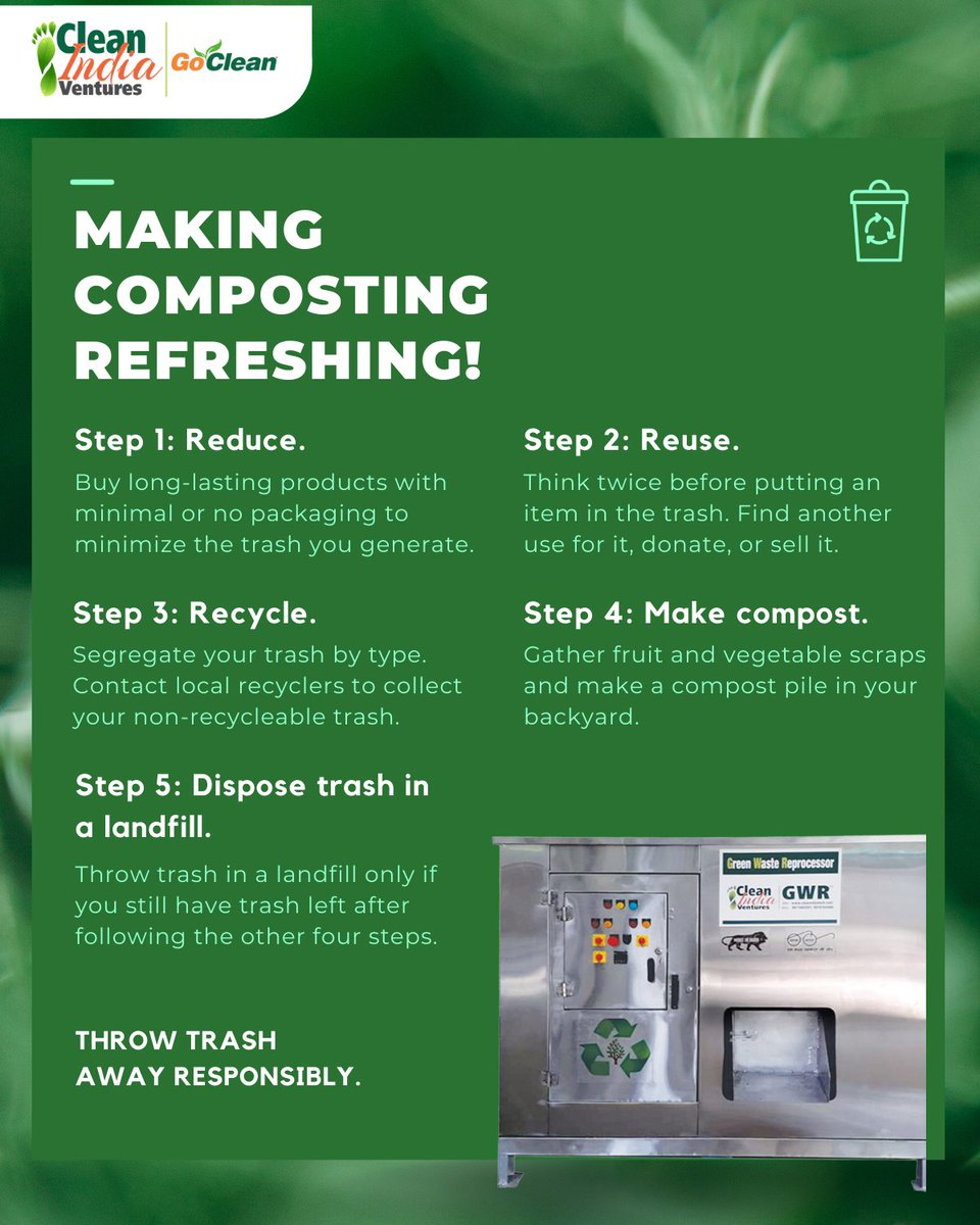 cleanindiatech's tweet image. Follow these steps of waste disposal for a better tomorrow.

#wastetoenergy #ecofriendlyproducts #compostingmachine #organicwaste #wastehandlingequipment