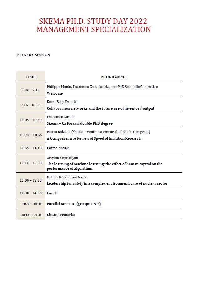 f_castellaneta's tweet photo. Many thanks to all the students and professors who participated in the Skema Ph.D. study day of the management specialization. Here is the program with the list of working papers presented. https://t.co/QmeNukpiik