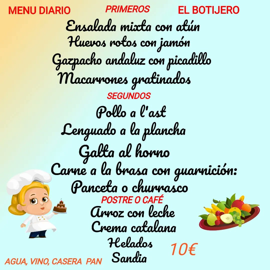 MesonElBotijero's tweet photo. Nuestro menú del día te espera 😋
Con gazpacho fresquito, carnes a la brasa y deliciosos postres caseros.
Reserva ya tu mesa para comer y/o cenar. También puedes encargarnos la comida para llevar ☎️
872266892
631481909
@MesonElBotijero 
#mesonelbotijero #Blanes #restaurant https://t.co/NDhx8s0jSi
