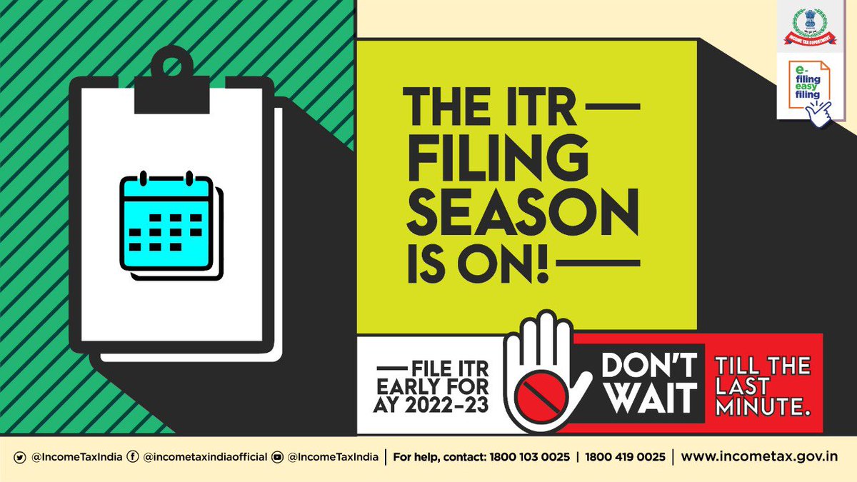 IncomeTaxIndia's tweet image. ITR filing for AY 2022-23 is available on e-filing portal. Check your Form 26AS, AIS & other relevant documents before submission.
Be an early filer. #FileNow
Pl visit incometax.gov.in
#ITR