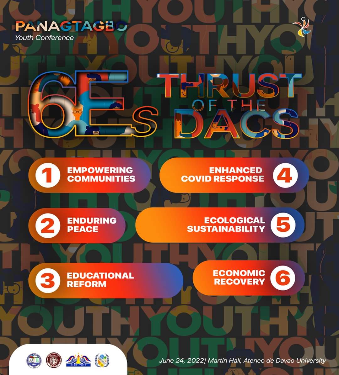 AdDUBlueVote's tweet photo. Bilang Kabataan sa Mindanao, ano nga ba ang mahalaga para sayo? 

In our dialogue of assessing the Mindanao agenda, the 6Es will be the heart of the youth’s conversation. 🗣️

Join us in 𝗣𝗮𝗻𝗮𝗴𝘁𝗮𝗴𝗯𝗼: 𝗗𝗲𝗳𝗶𝗻𝗶𝗻𝗴 𝘁𝗵𝗲 𝗠𝗶𝗻𝗱𝗮𝗻𝗮𝗼 𝗔𝗴𝗲𝗻𝗱𝗮 on June 24, 2022! https://t.co/iLI8O9mJjG