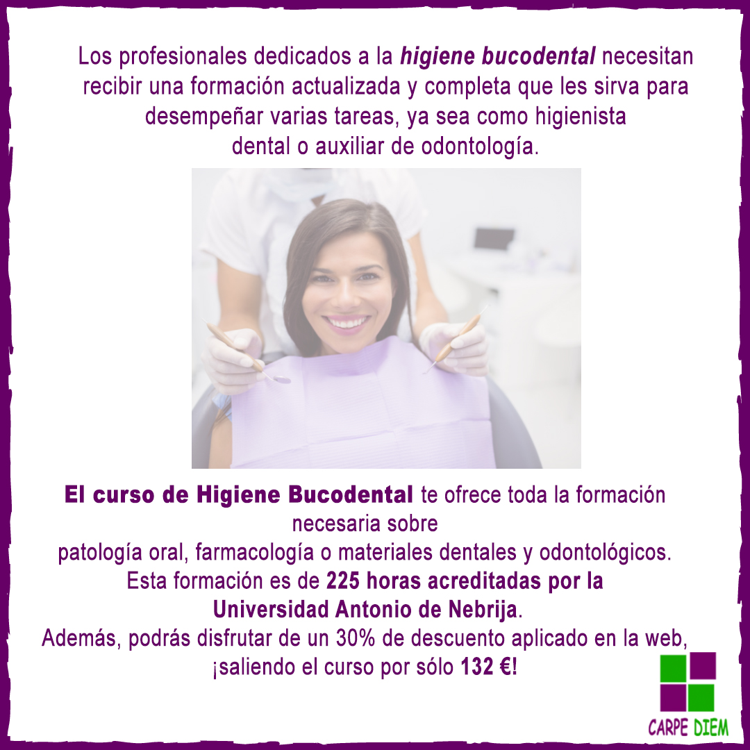 El curso de 𝐡𝐢𝐠𝐢𝐞𝐧𝐞 𝐛𝐮𝐜𝐨𝐝𝐞𝐧𝐭𝐚𝐥 te ofrece toda la formación necesaria sobre patología oral, farmacología o materiales dentales y odontológicos. 
Esta formación es de 225 horas acreditadas por la Universidad Antonio de Nebrija, por sólo 132€!