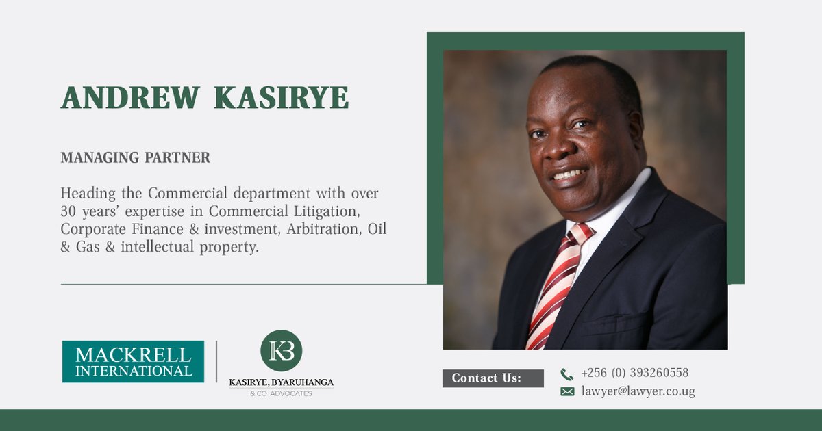 KBLawyersUg's tweet photo. #IntroducingOurPartners 

Mr. Andrew Kasirye, #ManagingPartner at Kasirye, Byaruhanga &amp; Co. Advocates.

Heading the #Commercial department with over 30 years’ expertise in Commercial #Litigation, Corporate #Finance &amp; investment, #Arbitration, #Oil &amp;  Gas &amp; intellectual property https://t.co/aS6Gtn3png