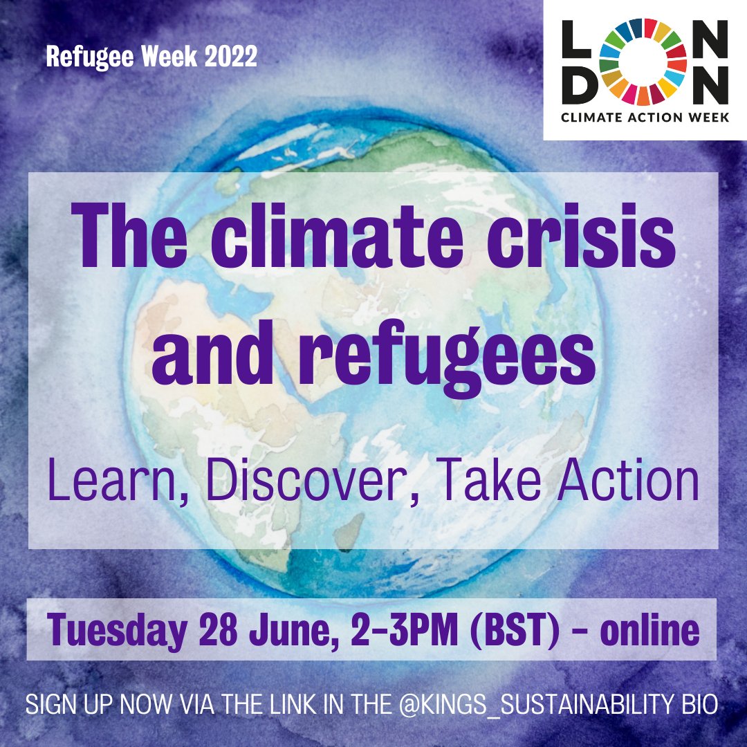 KCLSustainable's tweet photo. How is the climate crisis affecting displacement?🤔
Join this event on 28 June to hear from @apmehrotra, @RachelRH_A, and @Ria__Patel, chaired by @suewillman from @kcllegalclinic
Sign up here: https://t.co/UDYBzvwpen
#LCAW2022 #RefugeeWeek2022 #KCLSustainable #ServiceAtKings https://t.co/VHTxAt6qIV