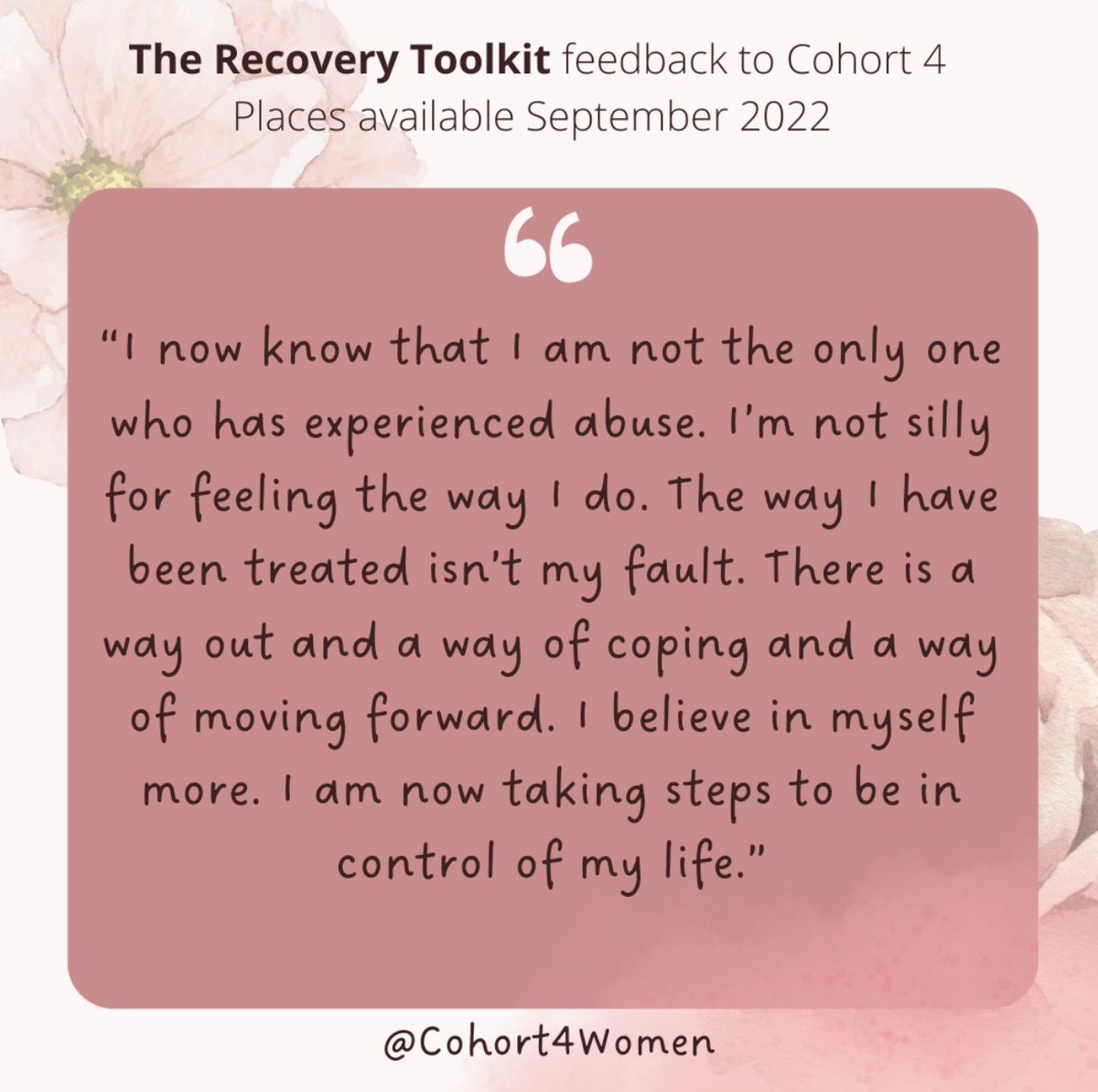 Cohort4Women's tweet photo. Some lovely feedback here from a participant after @Cohort4Women delivery of The Recovery Toolkit. Places now available for a September start. #recovery #hope #survival #recoverytoolkit #northwarwickshire https://t.co/vQp1OJjqtu