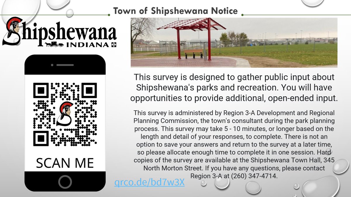 The Shipshewana Park Board welcomes your feedback on the Town's Park. Please scan the QR code with your phone and complete the survey, or click the link provided qrco.de/bd7w3X