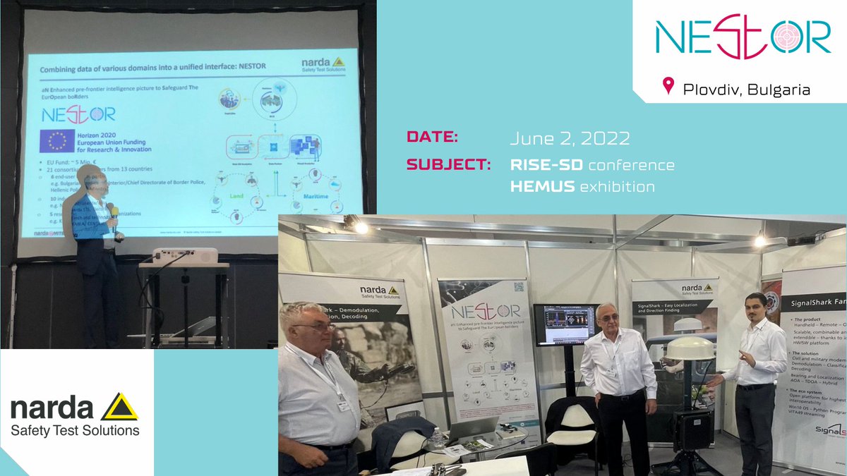 📰Earlier this month our partner NARDA Safety Test Solutions GmbH presented <a href="/Nestor_H2020/">NESTOR H2020 EU Project</a> project at #hemus2022, the largest Bulgarian 🇧🇬 international #defence and #security exhibition linked to the rise-sd.net conference!

📅02.06.22

#SignalShark #ADFA #event