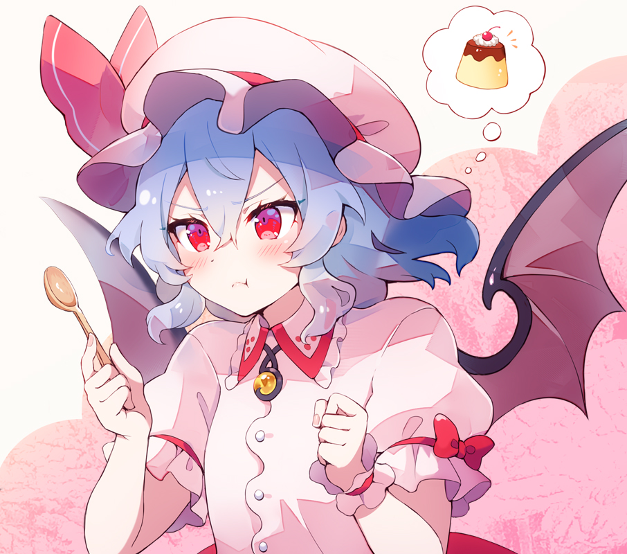 remilia scarlet 1girl solo hat wings food pudding red eyes  illustration images