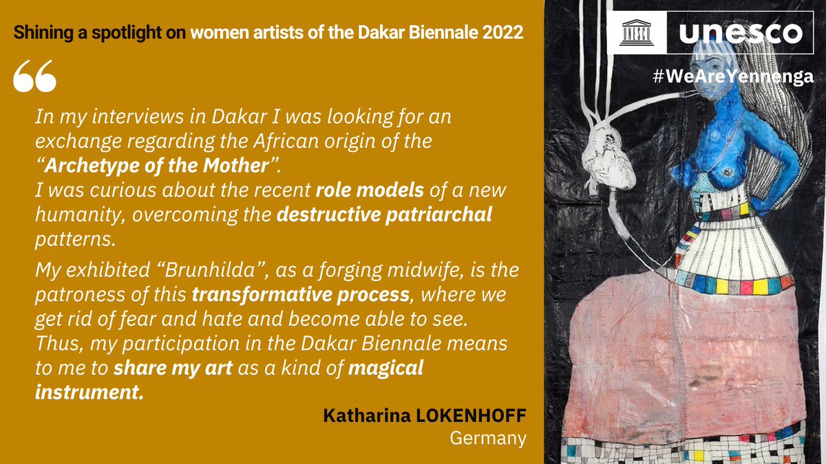 UNESCO_Dakar's tweet photo. Shining a spotlight on women #artists of the #DakArt2022 - Lumières sur les créatrices de la #BiennaleDeDakar📸
🖌️Katharina LOKENHOFF#Allemagne 🇩🇪 👉https://t.co/OXoMfaNE3c
📢#Women artists speak out!
Les créatrices prennent la parole !
#WeAreYennenga #INDAFFA #SupportCreativity https://t.co/snR6n98lRI